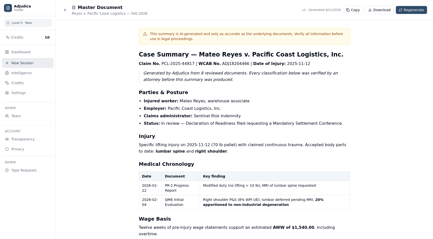 Adjudica File Review master document: an AI-generated, attorney-verified case summary with claim numbers, parties, injury, and a medical-chronology table assembled from the reviewed file.