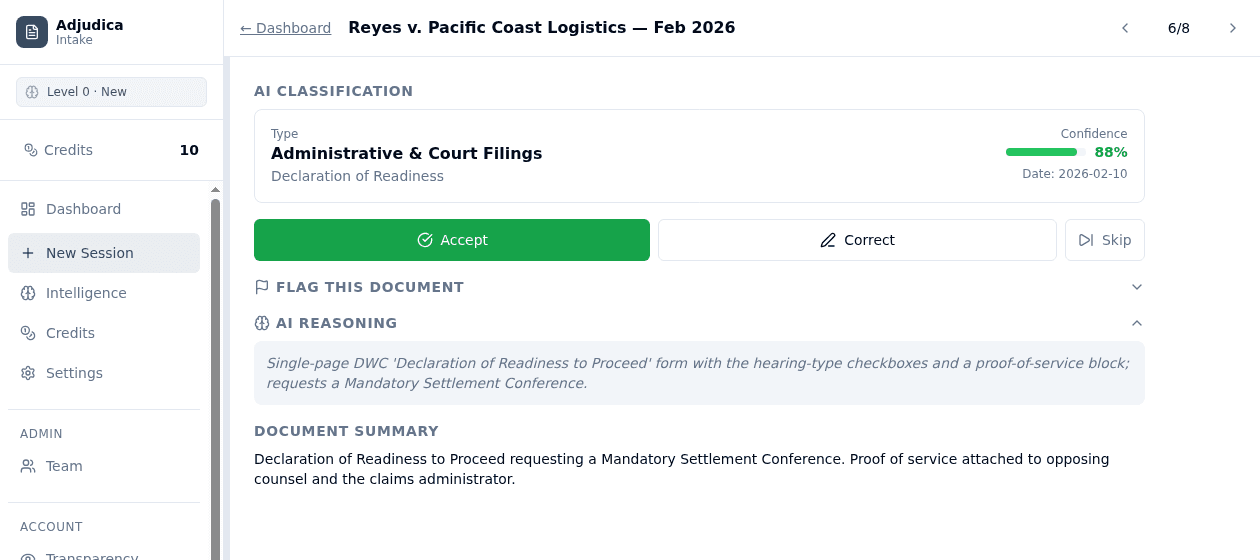 Adjudica File Review classification panel: AI document type and subtype with a confidence score, plus Accept, Correct, and Skip controls and the AI's reasoning and document summary.