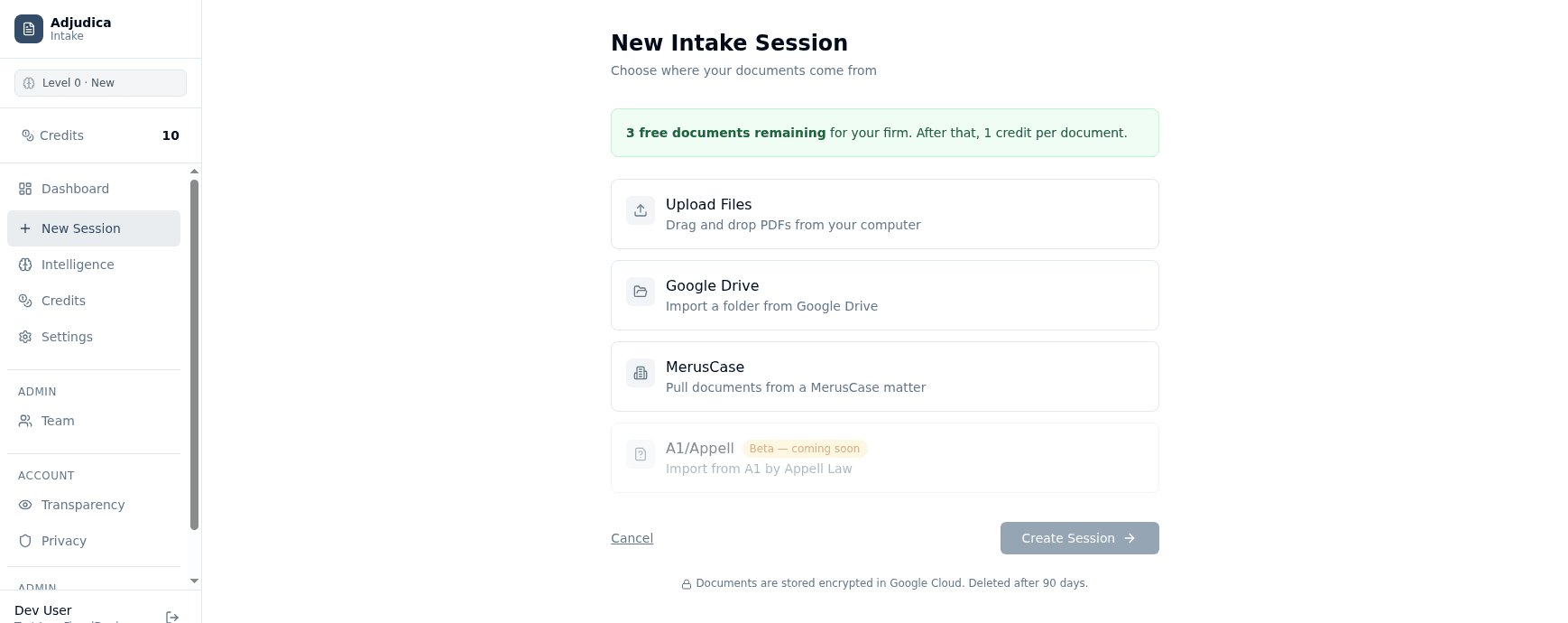 Adjudica File Review new-session screen: start a case from drag-and-drop upload, Google Drive, MerusCase, or A1/Appell, with 3 free documents per firm.